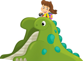 cartoon scene with playing kid on dinosaur playground or funfair toy isolated illustration for kids