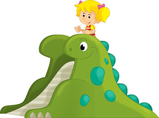 cartoon scene with playing kid on dinosaur playground or funfair toy isolated illustration for kids