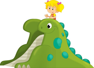 cartoon scene with playing kid on dinosaur playground or funfair toy isolated illustration for kids