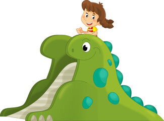 cartoon scene with playing kid on dinosaur playground or funfair toy isolated illustration for kids