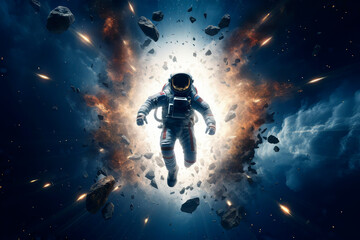 Fototapeta na wymiar Astronaut in space on the background of the explosion. Generative AI