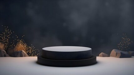 Empty stone pedestal, winter dark background. Modern product display. Minimal mockup template. Generative AI