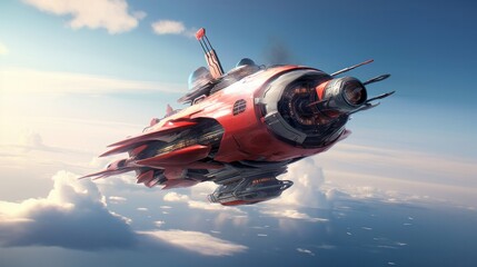 Futuristic spaceship in the sky. The concept of the future. Aerial view.