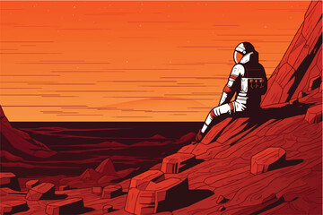 vector illustration of astronaut on planet Mars, sitting on a cliff, watching the Milky Way galaxy.
