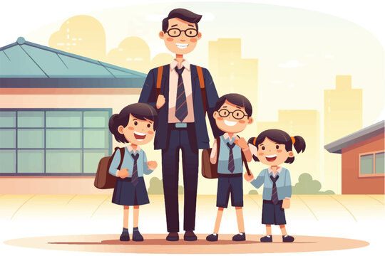 vector illustration of Teacher and School Children.