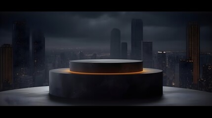 Empty stone pedestal, dark city background. Modern product display design. Luxury mockup template. Generative AI