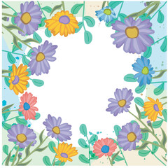 Fototapeta na wymiar Flower backdrop that looks like daisies and aster. All in purple, red, yellow and blue colors in a square shape with central circular space. Vector illustration on transparent background