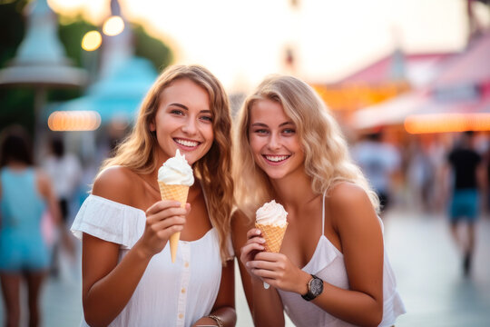 Two young friends eating ice cream and having fun in amusement park, refreshment in theme park. Generative AI