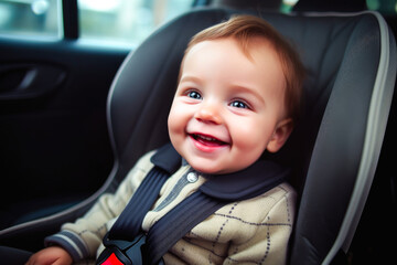 Small child sitting in a safety car seat buckled up and looking excited for a drive, car safety. Generative AI