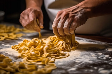 Close up of hands of chef making homemade pasta in the kitchen, top view, aesthetic pleasing.Generative AI