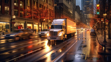 Fototapeta na wymiar A truck is driving fast on busy city streets
