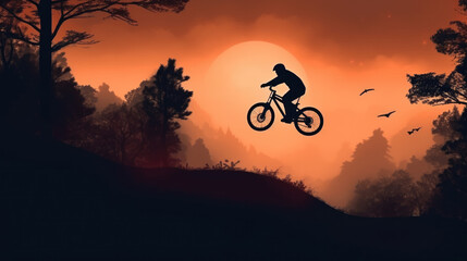 Silhouette of a mountain biker enjoying downhill during the sunset. Mountain bike concept. Mountain bike race - silhouette cyclist on background.