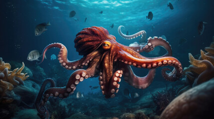 A giant octopus in the deep ocean.