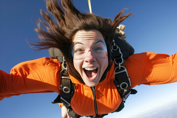 Close up of excited happy woman skydiving with beautiful blue sky in the background. Generative AI