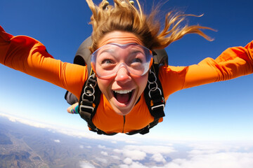 Close up of excited happy woman skydiving with beautiful blue sky in the background. Generative AI