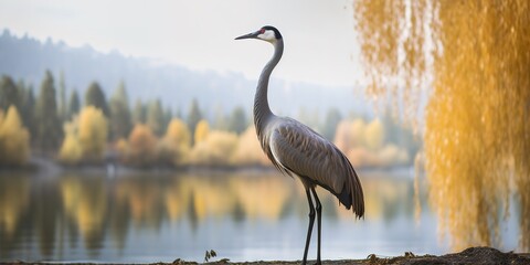 Crane perched in front of a beautiful background