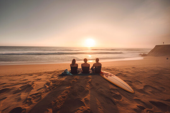 A group of surfers chilling on a beach while looking at the sunset, friends hanging out on a beach after surfing. Generative AI