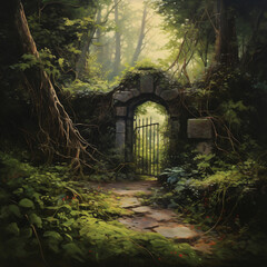 Mossy deep forest old garden gate