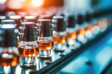 Medical vials on production line at pharmaceutical factory, Pharmaceutical machine working pharmaceutical glass bottles production line,