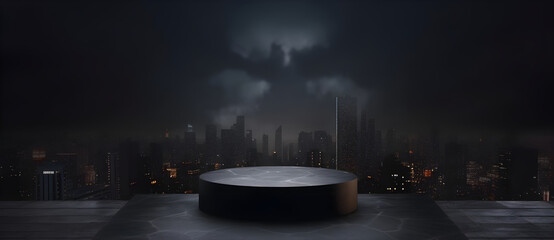 Empty stone pedestal, dark city background. Modern product display design. Luxury mockup template. Generative AI