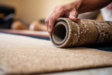 Fototapeta na wymiar Close up of hands rolling up carpet, buying a new rug, carpet fitter. Generative AI