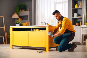 Handsome handy man assembling furniture in indoor space, focus on work. Generative AI