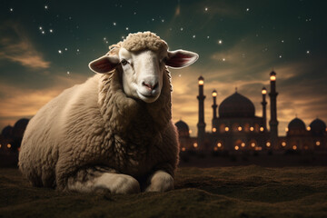 Naklejka premium Photo of sheep with mosque background beautiful scene AI generated