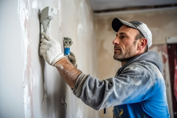 Man plastering drywall during a house renovation, indoor renovation. Generative AI