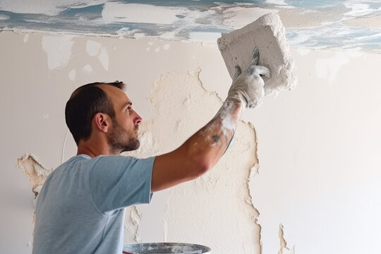 Man plastering drywall during a house renovation, indoor renovation. Generative AI