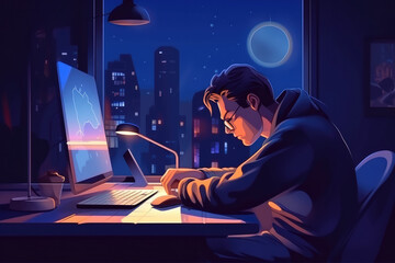 Illustration of graphic designer working on his work late at night, creating art, hard working, night time. Generative AI