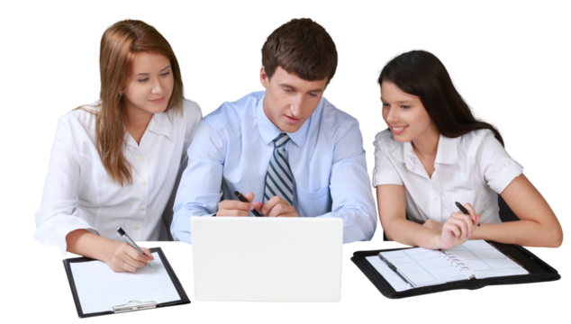 Business people making report with laptop isolated on white background