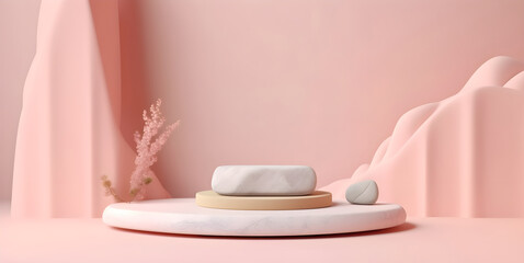 Empty pedestal background. Romantic product display design. Minimal mockup template. Generative AI