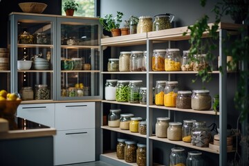 Fototapeta na wymiar kitchen with an organized and stylish pantry with glass jerry cans and metal containers. ai generative
