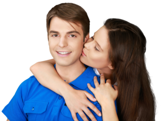 Beautiful Woman Kissing a Young Man On Cheek - Isolated