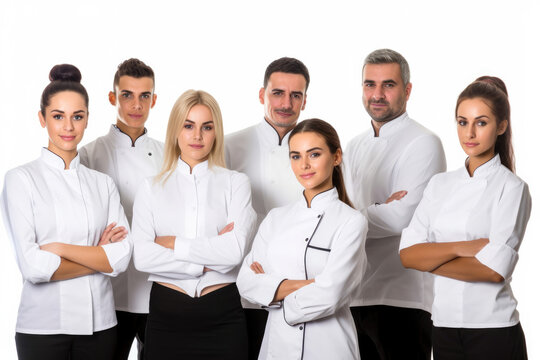 Hotel staff posing on a white background professionally dressed in white. Generative AI