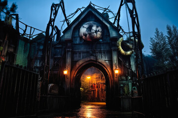 Hunted house ride in amusement park, ghost house in theme park, visitors getting scared. Generative AI