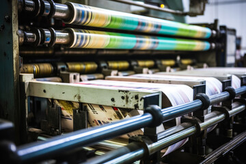 Machine printing newspaper, offset printing press, printing in progress. Generative AI
