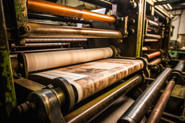 Machine printing newspaper, offset printing press, printing in progress. Generative AI