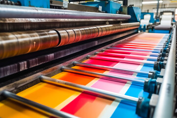 Machine printing colored newspaper, offset printing press, printing in progress. Generative AI