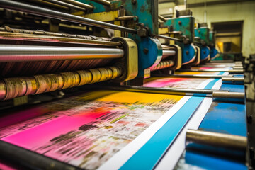 Machine printing colored newspaper, offset printing press, printing in progress. Generative AI