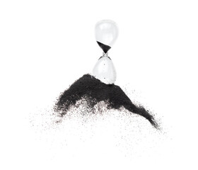 Hourglass and Sand fly in mid air, add more sand of time on gold sand over white background. Black...
