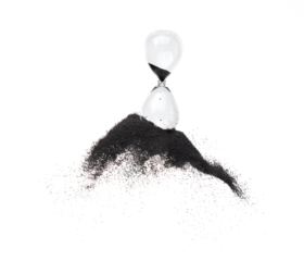 Hourglass and Sand fly in mid air, add more sand of time on gold sand over white background. Black hourglass show more time Deadline extended time management hope concept hour glass, life clock