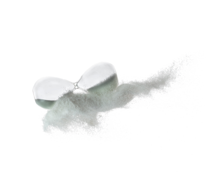 Hourglass and Sand fly in mid air, add more sand of time on gold sand over white background. White hourglass show more time Deadline extended time management hope concept hour glass, life pass