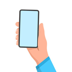 Human hand holding mobile phone, flat vector illustration, business illustration, business equipment