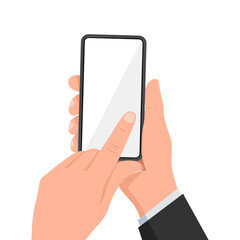 Hand holding smart phone. Flat design icon. Vector illustration. Design for poster, web and brochure