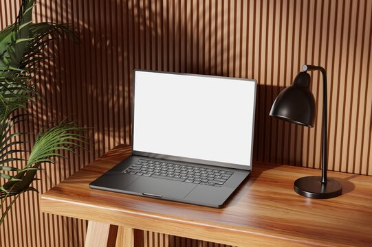 Modern Laptop with blank screen on wooden table, Responsive web design and website mockup, laptop mockup.