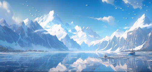 anime styled majestic glacier with an icy blue hue with reflection on water 