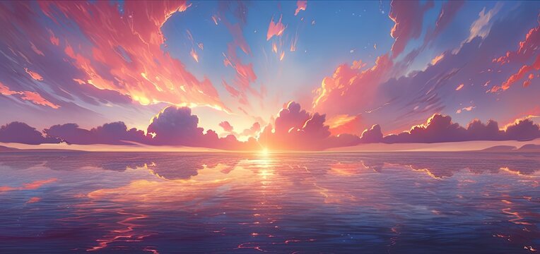 anime styled breathtaking sunset over a calm ocean, with hues of orange, pink, and purple painting the sky