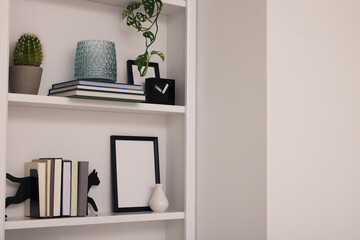 Fototapeta na wymiar Interior design. Shelves with stylish accessories, potted plant and books indoors. Space for text