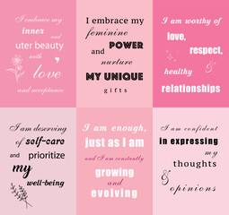 Positive affirmations for women, Empowered Woman: Blossoming with Love on pink background with flower elements